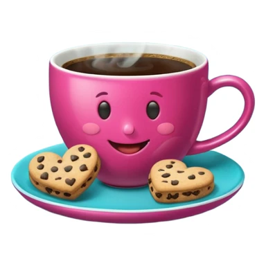 cup of coffee, steaming, the smoke should come out in the shape of a heart, the color of the cup is fuchsia, the cup has a happy face printed on it, the cup rests on a turquoise blue plate, and there are cookies and sugar cubes around the cup. sticker