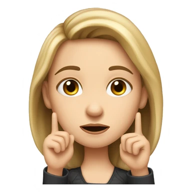 A white girl with an important face brings with two hands with an outstretched index finger to her nose, dissatisfied, two hands showing sticker