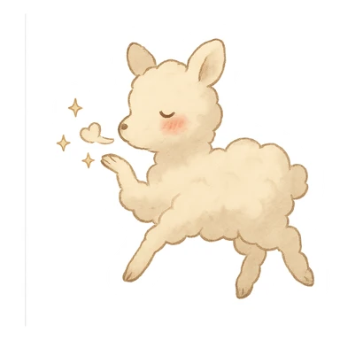 vanilla-colored cloud doe with rosy cheeks, floating gently while blowing a kiss with sparkles, soft ghibli style sticker