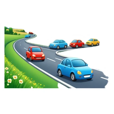 A busy highway with cute fast-moving cars, surrounded by green fields and distant mountains under a bright blue sky sticker