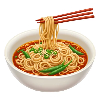 Wuhan hot dry noodles with sesame paste, simplified emoji style with bold outlines and bright colors, cartoon style Chinese noodle bowl sticker