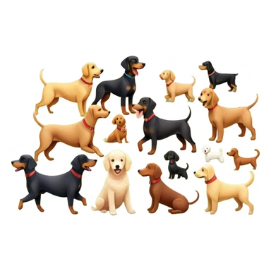 Collage of various dog breeds like Doberman, Poodle, Dachshund, and Golden Retriever, playing in a park with trees and grass. Some dogs run, others sit, all are full of energy and happiness. A joyful, colorful scene with playful expressions. Transparent background. sticker