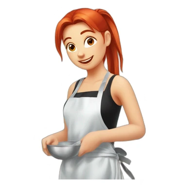 Slavic girl with red hair in a ponytail, white T-shirt and black apron, washes the mirror sticker