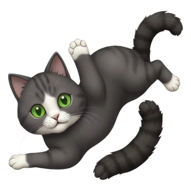solid dark grey cat with green eyes, white toes/paws and white patch on her chest playfully rolling upside down sticker