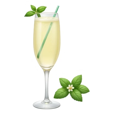 French 75 cocktail with subtle elderflower color with one of each mint and basil leaf for garnish sticker