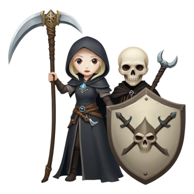 Necromancer girl with scythe and shield, in front of a dead mage sticker
