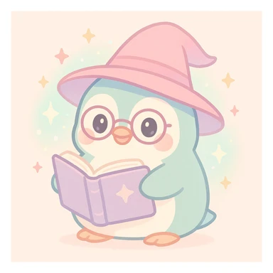 a chubby penguin wizard with glasses, holding an open spellbook, magical aura around sticker
