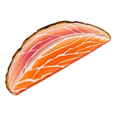 single thin slice of smoked trout, orange-pink hue, delicate marbling, translucent glossy texture, irregular with subtle folds and curved edges, no garnish or plate, soft lighting, subtle shadows, emoji scale sticker