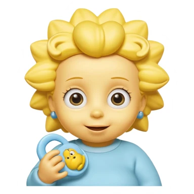A 3D cartoon baby character fully yellow skin, styled like Maggie Simpson, with pacifier, big eyes, smooth shading, Memoji-style rendering, consistent with other yellow Simpsons characters. sticker