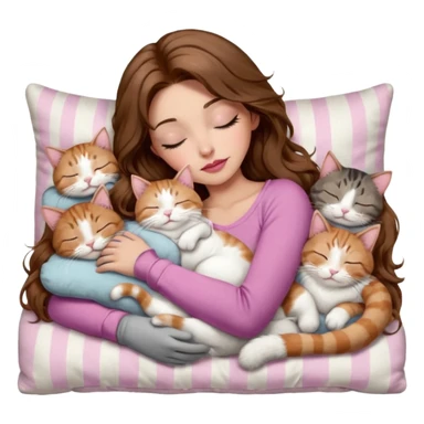 girl with long wavy brown hair, brown eyes, long lashes makeup, sexy pink lips, light to medium complexion,  sleeping on a cozy pillow, with 6 cats: 1 brown and white tabby cat, 1 ginger and white, 2 grey and white, 1 grey with white mittens and small white patch on chest and 1 calico, sleeping sticker
