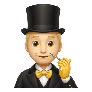 3d round yellow emoji with monocle and thoughtful expression, victorian gentleman attire, stroking chin dramatically, glossy 3d emoji style, plain white background sticker
