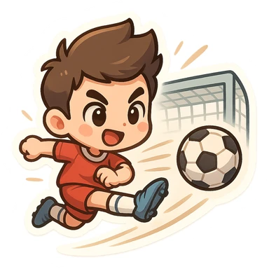 cartoon soccer player kicking a ball into a goal, exaggerated motion, playful style sticker