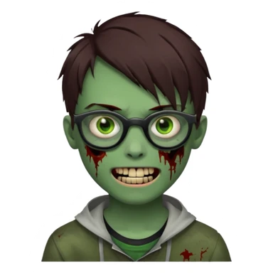 Zombie emo boy, green skin and brown hair and eyes, black glasses and a scary cut open smile, scars and blood under eyes sticker