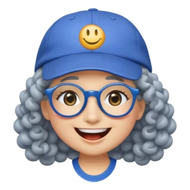 female yellow smiley face emoji, big smile, winking, wearing a blue ballcap backwards, grey curly hair, glasses, no eye color, face only, less detail, no ornament on hat sticker