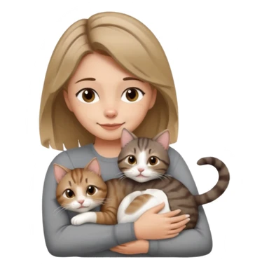 Une femme avec les cheveux dégradée, brun et blond, qui fait un câlin à son chat gris, tigré avec les extrémités que pattes pointe d’oreilles noires et le dessous du menton blanc la fille n’a pas d’oreilles, il n’y a qu’un seul chat sticker