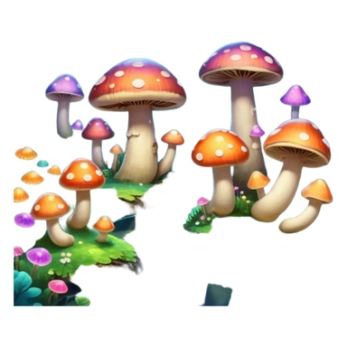  "A whimsical mushroom world filled with giant glowing mushrooms, soft bioluminescent spores floating through the air, and friendly oversized snails with colorful spiral shells exploring the landscape. Fantasy atmosphere, vibrant colors, dreamy lighting, highly detailed sticker