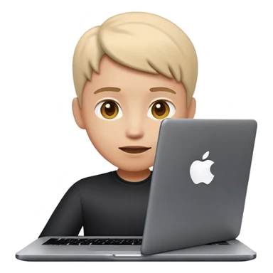 A dark-colored laptop with the screen open. From the screen, a person is emerging, standing or sitting as if giving a lecture or teaching. The person should look expressive and in a teaching pose. Soft shadows, semi-3D Apple emoji style, clean white background. sticker