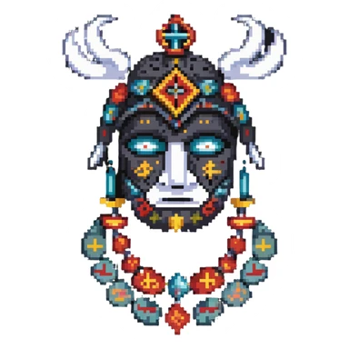 sackface character with elaborate ritual symbols stitched into mask sticker