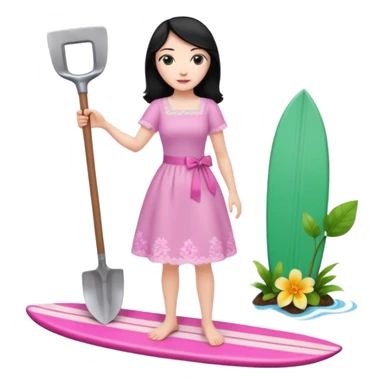Princess who wearing dress (woman) black hair holding her cellphone and a garden shovel with another hand. She is standing on her feet, there is one pink surfing board. sticker