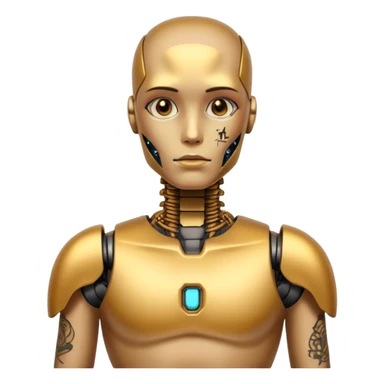 gold Tatooed robot, big many tatooes on chest, neck and face, tatoo on face sticker