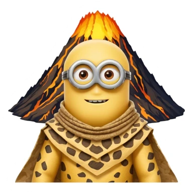 a minion wearing ancient animal skin cloth with volcano behind, half body, icon sticker
