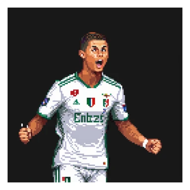 Pixel art of Cristiano Ronaldo celebrating a goal, football kit, retro 16-bit style, football pitch and stadium lights, sharp, clean pixels, rich contrast, vintage video game vibe, recognizable features: short hair, athletic build, determined expression sticker