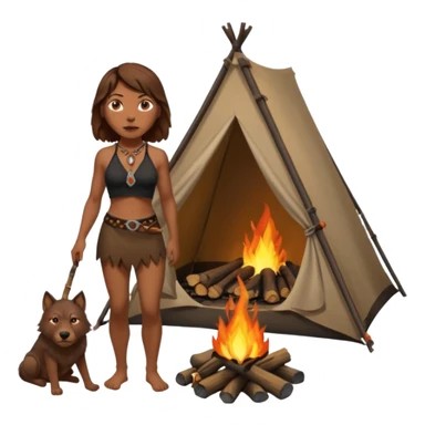 a NEANDERTHAL WOMAN WITH BROWN HAIR STANDING BY A FIRE AND TENT WITH BLACK WOLF HALTER TOP sticker