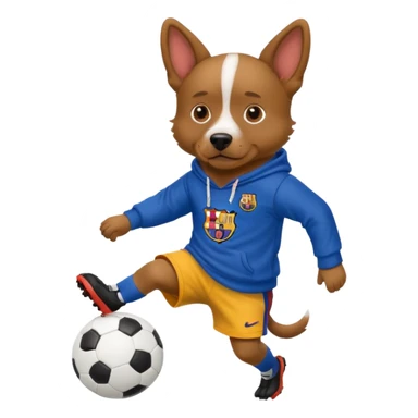 Dog wearing a hoodie witha barca jersey kicking a soccer ball sticker