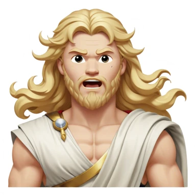 Cinematic Realistic Thor Portrait, head tilted slightly with a dramatic, wide-open yawn, revealing a moment of unguarded human vulnerability amidst his divine stature. His fair, luminous skin and elegantly styled, wavy golden hair maintain their sculptural perfection even in repose. Dressed in a flowing white toga with understated golden accents, the portrait is bathed in soft natural light, capturing a rare glimpse of relaxed, timeless strength from a Greek god reborn. sticker