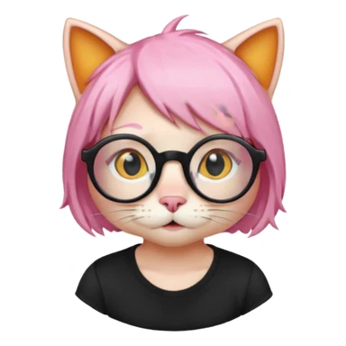 Orange Yellow cat wearing a little pink hair wig, black circle glasses, white T-shirt sticker