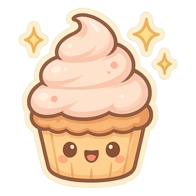 chibi sticker-style cupcake with sparkles, cute and exaggerated sticker
