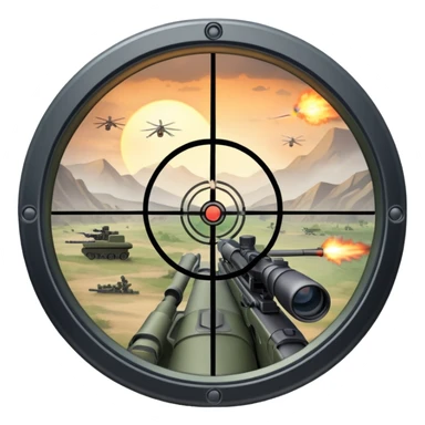 An icon symbolizing first-person shooter games. The design features a circular sniper scope view with crosshairs aimed at a distant target. The background shows a battlefield with soldiers and explosions, capturing the action-packed intensity of FPS games. Transparent background. sticker