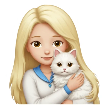 a girl with long blonde hair and a white fluffy cat cuddling her neck, emoji style sticker