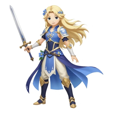 White and golden, blonde, long-haired Lumine with a pastel-indigo flower in hair (from Genshin Impact) with a sword (full body) sticker