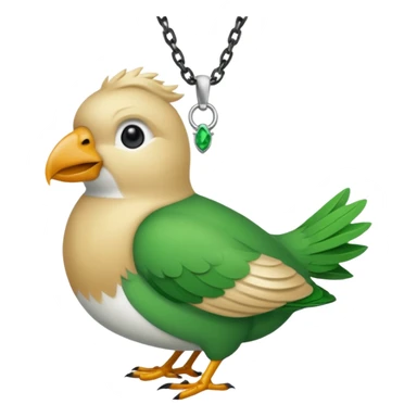 un oiseau classique tout vert avec un collier autour de son cou avec des breloque argentées et un seul poil blond qui fait une petite bouclette sur le front le collier est autour de son cou sticker
