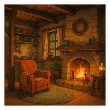 cozy cottage, warm lighting, ghibli style, inviting and charming sticker