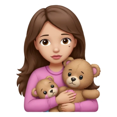 girl with long wavy brown hair, brown eyes, light to medium complexion, in a pink shirt, pink lips, long lashes, sad, hugging squeezing a teddy bear with a broken heart band aid sticker