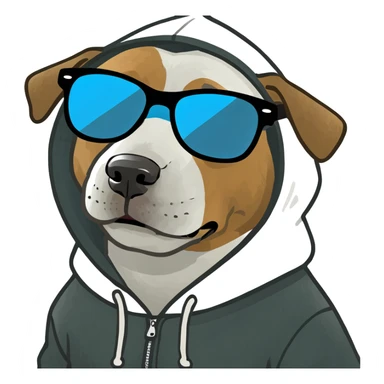Dog wearing a hoodie , eating pizza with sun glasses on while sitting at a table close to the beach at night  sticker