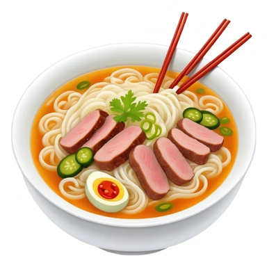 Guilin rice noodles with pickles and meat in soup, simplified emoji style with bold outlines and bright colors, cartoon style Guangxi specialty Mi Fen sticker