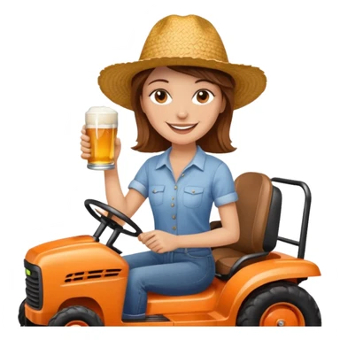 White woman with brown hair, without glasses wearing a straw hat, on old orange ride on lawn mower, holding a beer with one hand and holding the steering wheel with the other hand. Woman is smiling. Lawn mower brand is called “Westwood” sticker