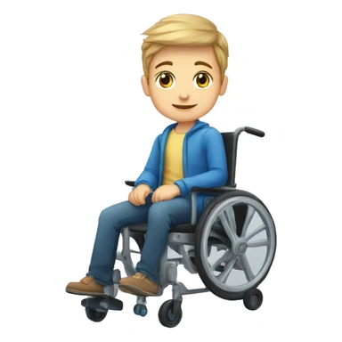 niño en silla de ruedas, delgado, cara alargada y pequeña, ojos grandes azules, pelo rubio con cresta, cara seria con la lengua fuera sticker
