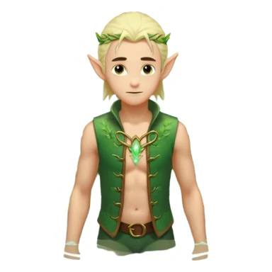 elf male legolas wading in shallow tide pool, palm emitting soft green light to heal glowing coral, practical open vest over bare chest, determined gaze, pointy ears, vibrant underwater plants, centered emoji, nature guardian summer sticker