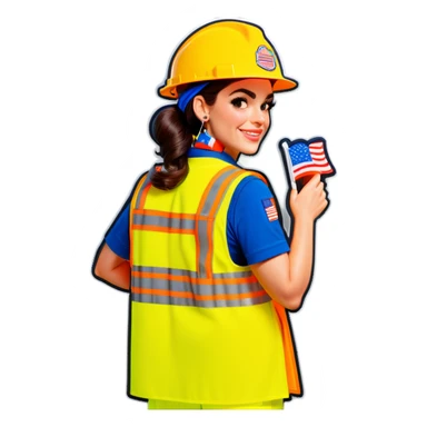  Charli D'Amelio is a construction worker wearing a patriotic dress with a neon yellow safety vest over the dress. she also has a hard hat and a patriotic patch on the vest sticker
