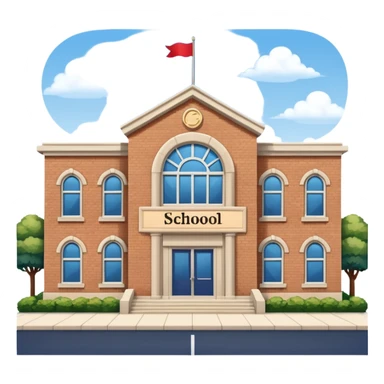 a full view of school building with a name board  sticker