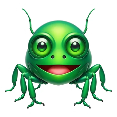 Cinematic Comical Green Bugdie Portrait Emoji, Head tilted dramatically with an exaggeratedly amused expression, featuring a striking, glossy emerald exoskeleton with bold patterns, wide, expressive multifaceted eyes filled with playful disbelief, Simplified yet hilariously expressive features, highly detailed, glowing with a slightly sassy glow, high shine, dramatic yet playful, stylized with an air of cheeky mischief, bright and endearing, soft glowing outline, capturing the essence of a spirited and over-the-top bug, so meme-worthy it feels like it could side-eye its way into internet fame instantly! sticker