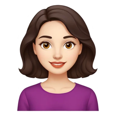 Warm enthusiastic woman with light skin, oval face, soft defined features, large expressive brown eyes, medium arched eyebrows, small nose, medium lips with relaxed smile, long wavy dark brown hair styled simply, wearing a soft vibrant colored elegant blouse sticker