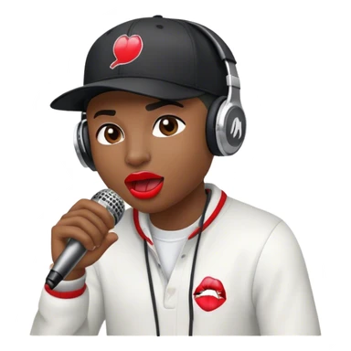 Create a dynamic and energetic emoji that represents beatboxing. The design should feature a stylized microphone with lips and sound waves emanating from it and baseball cap on it, symbolizing vocal percussion and rhythm. Add elements like headphones or a subtle speaker to emphasize the music production aspect. Use bold colors like black, white, and red to convey the intensity and creativity of beatboxing. The background should be transparent. sticker