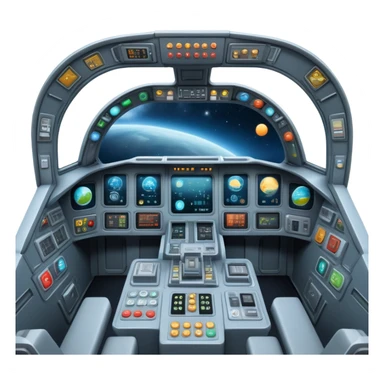 first person view inside spaceship cockpit with control panel and space visible through windshield sticker