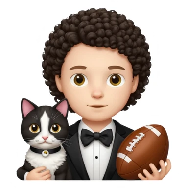 Curly headed white boy with tuxedo cat and football sticker
