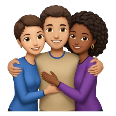  middle Eastern man with short brown hairwith two black african women both are African one is medium tone light tone skin black and one is medium tone black with african hair styles. and they are all smiling and putting their arms around each other and kiss, kissing and hugging. sticker